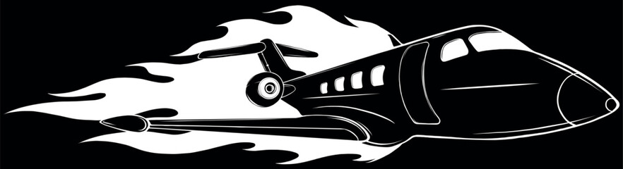 Wall Mural - Airplane in white line on black background