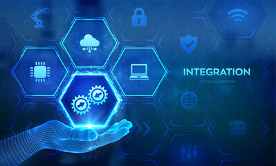 Wall Mural - integration data system. system integration technology concept in wireframe hand. industrial and sma
