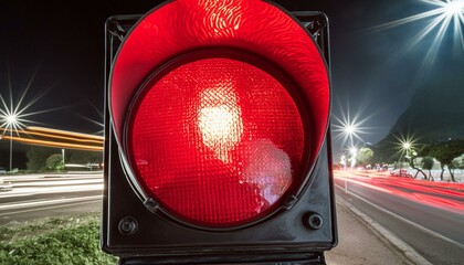 Wall Mural - A red traffic light is lit up in the dark