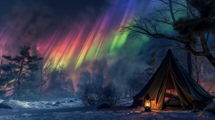 Wall Mural - a magical nighttime camping scene in a snowy forest, with colorful aurora borealis lights in the sky