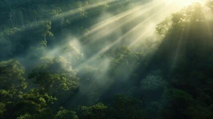 Wall Mural - a misty morning in a dense forest, with sunbeams filtering through the trees creating a mystical atm