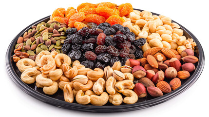 A platter of assorted nuts and dried fruits, offering a wholesome and energy-boosting snack option in a visually appealing presentation against a white background.