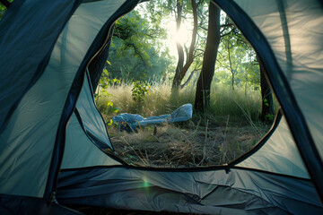 Wall Mural - A tranquil camping tent nestled in the heart of nature, providing the perfect escape for a peaceful outdoor adventure.