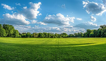 Poster - Green grass field with blue sky and clouds