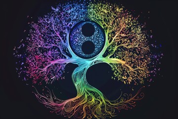 Colorful tree of life yin yang symbol with roots vector illustration on black background.