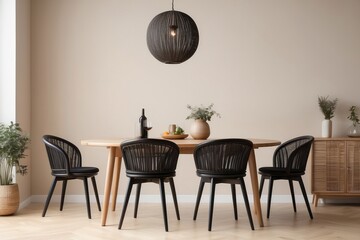 Wall Mural - interior design of dining room with round table, two rattan chair, wooden commode, and kitchen accessories