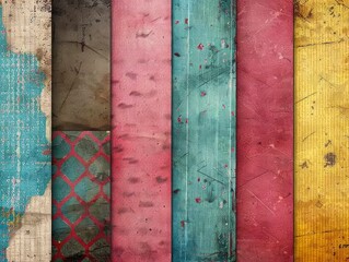 Wall Mural - Array of vintage-themed paper displaying an array of colors and whimsical patterns reminiscent of bygone eras. Nostalgic craft concept