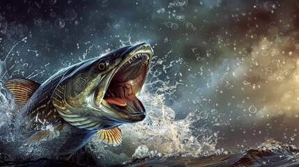 A huge fish jumps out of the water, its mouth open wide with teeth.