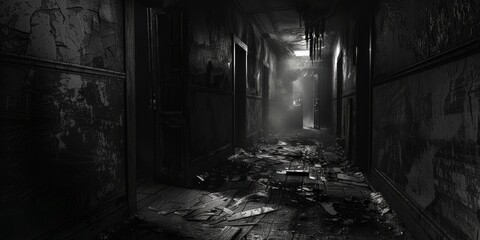Wall Mural - Wall covered in blood and dirt in a dark room. Suspenseful atmosphere concept