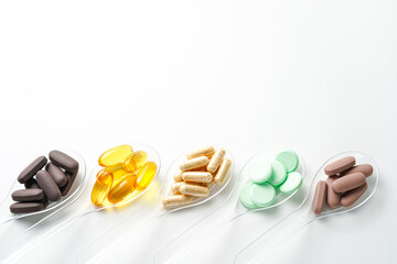 Various vitamin and mineral pills in transparent spoon food supplement health product