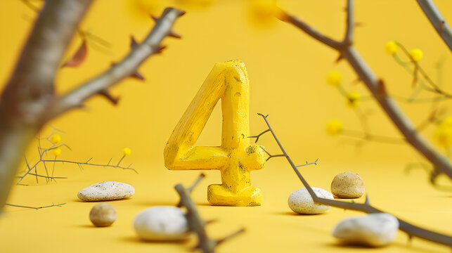 The number 4 is made out of yellow clay and is surrounded by rocks. The image has a playful and whimsical mood, as the number 4 is not a traditional representation of the number
