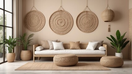 Wall Mural - ethno style living room with rattan furniture, daybed, pouf, hanging decoration on the Light Fawn wall