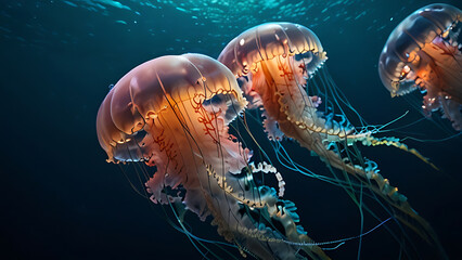 Jellyfish in the deep of ocean. Exotic colorful creature in underwater world. Generative AI.