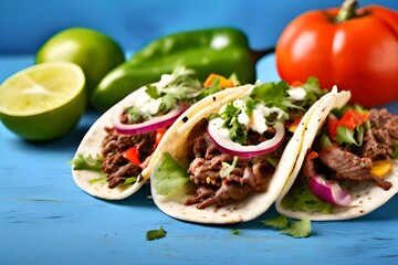 Wall Mural - Mexican Tacos with Ground Beef and Vegetables on Rustic Blue Background
