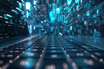 Closeup of a laptop keyboard with a glowing screen against a futuristic technology background.