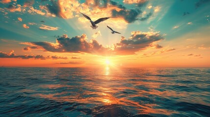 A beautiful sunset over the ocean with colorful clouds and seagulls flying in the sky. Landscape photography, seascape background. View from sea to horizon.