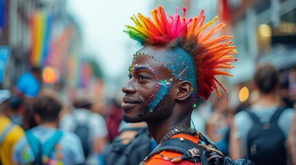 A person with a colorful mohawk hairstyle attending a Pride event, showcasing their unique identity.