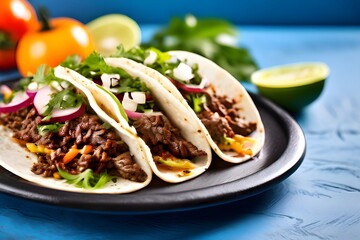Wall Mural - Mexican Tacos with Ground Beef and Vegetables on Rustic Blue Background