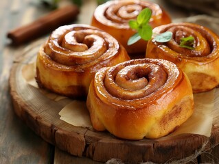 A plate of cinnamon rolls with a green leaf on top. The rolls are golden brown and look delicious