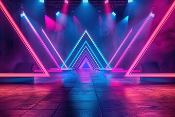 Wall Mural - empty stage background with colorful neon lights in triangle shape