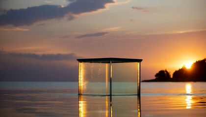 Canvas Print - Glass podium on crystal water surface on tender sunset sky background. Show case for natural cosmetic products. Concept scene stage for new product, promotion sale and presentation.