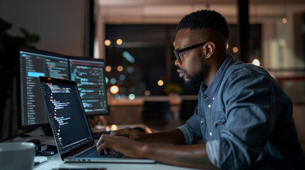 software engineer typing on laptop at desk in modern office, a programmer writing a software code on computer, digital technology 