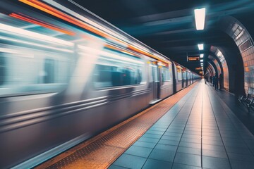 Wall Mural - A photo of the Washington D.C. inner platform with an open door on one side and a white train in motion, dimly lit, clean and simple, long exposure photography, blurred background, high resolution