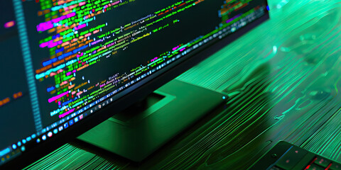 The Shimmering Emerald Sea of Codes: A computer monitor displaying vibrant lines of code, reflecting on a dark green wooden desk