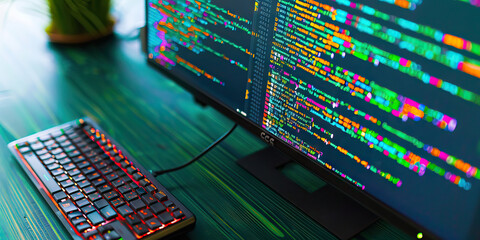 The Shimmering Emerald Sea of Codes: A computer monitor displaying vibrant lines of code, reflecting on a dark green wooden desk