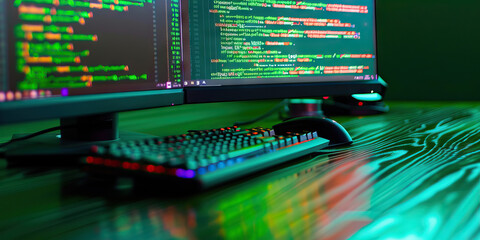 The Shimmering Emerald Sea of Codes: A computer monitor displaying vibrant lines of code, reflecting on a dark green wooden desk