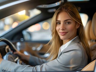 A woman is driving a car and smiling. She is wearing a suit and is driving a Mercedes