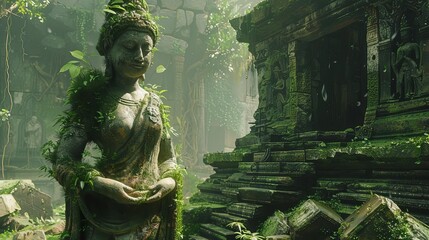 A mosscovered statue standing amidst ancient ruins,