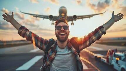 Poster - As an airplane passenger, the happy traveler looks forward to the thrill of takeoff and the promise of new experiences awaiting him at his destination, his heart filled with wanderlust and curiosity.