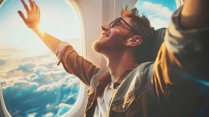 Poster - As an airplane passenger, the happy traveler looks forward to the thrill of takeoff and the promise of new experiences awaiting him at his destination, his heart filled with wanderlust and curiosity.