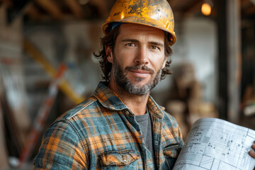 Wall Mural - A male engineer, smiling and holding blueprints, wears a helmet on a white background.