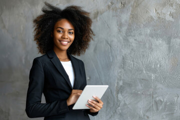 A businesswoman, smiling and holding a tablet, stands for a portrait over a grey background with space for additional text.