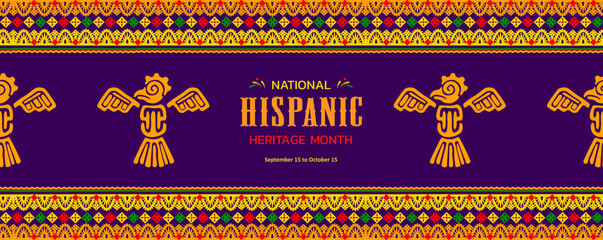 National Hispanic heritage month banner with Mayan or Aztec bird totem, vector ornament pattern. Latin Americans holiday of traditional Hispanic heritage of handicraft art, culture and traditions