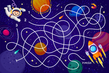 Wall Mural - galaxy labyrinth maze game, help to kid astronaut find his spaceship, vector worksheet. space maze l