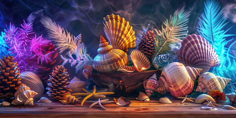 Neon Neonature: A bright and colorful collection of natural objects, such as seashells, pinecones, and feathers, arranged in a rustic vase on a wooden desk