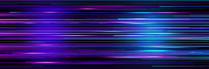Leinwandbilder - Digital game glitch background. Abstract vector glitchy backdrop in blue and purple hues. Speed and digital error effect with horizontal glowing lines, tv screen with dynamic pattern and noise