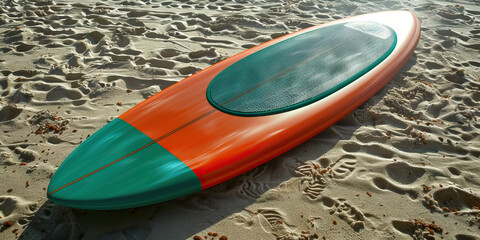 Wall Mural - Orange and teal surfboard: A surfboard with an orange bottom and teal top rests on the sand, waiting for its next ride on the waves