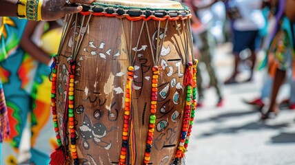 Wall Mural - Close-up of hands playing decorated wooden drum with colorful beads at outdoor event