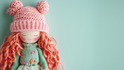 Handmade doll wearing pink knitted hat and green dress