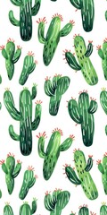 Wall Mural - Cute Green Cactus Design Pattern Digital Paper l Fresh Soft Color Cacti White Background Wallpaper l Watercolor Saguaro Juicy Plant in Desert Decoration 