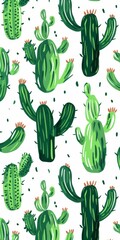 Wall Mural - Cute Green Cactus Design Pattern Digital Paper l Fresh Soft Color Cacti White Background Wallpaper l Watercolor Saguaro Juicy Plant in Desert Decoration 