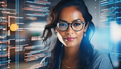 Software, data hologram and woman with code analytics, information technology and gdpr overlay. Programmer coding or IT person in glasses reading html script, programming and cyber security research