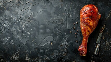 Roasted turkey leg with knife and peppercorns on dark textured surface