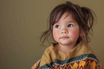 A cute toddler wearing traditional ethnic clothing, looking away with a curious expression