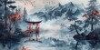 © paisorn - japanese landscape, Japanese watercolor, black, terracotta, gray-blue
