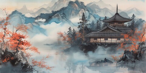 Canvas Print - japanese landscape, japanese watercolor, black, terracotta, gray-blue